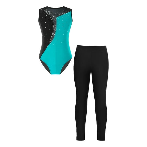 TiaoBug Kids Girls Rhinestones Sleeveless Gymnastics Dance Leotard Bodysuit And Leggings Pants Athletic Dancewear Lake Blue&Black 10