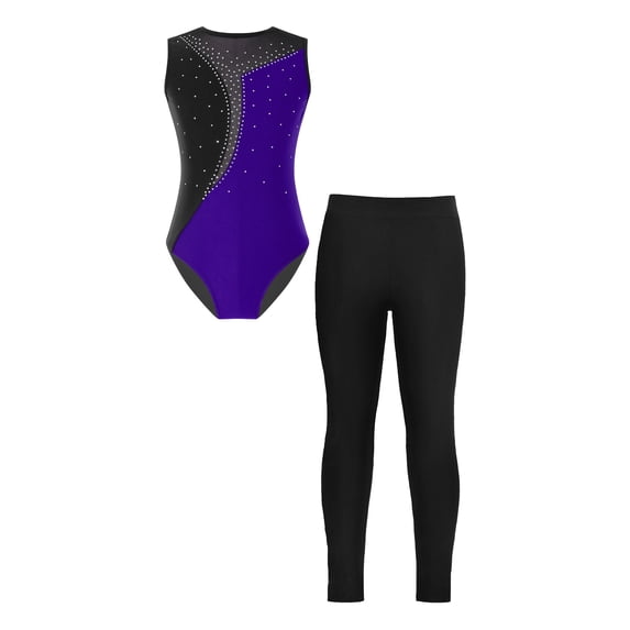TiaoBug Kids Girls Rhinestones Sleeveless Gymnastics Dance Leotard Bodysuit And Leggings Pants Athletic Dancewear Purple&Black 16