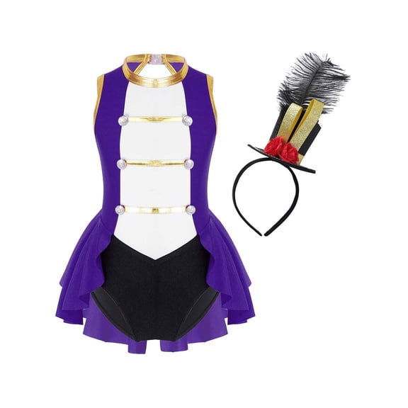 TiaoBug Kids Girls Ringmaster Circus Halloween Cosplay Party Costume Dance Leotard with Hat Set Purple 6