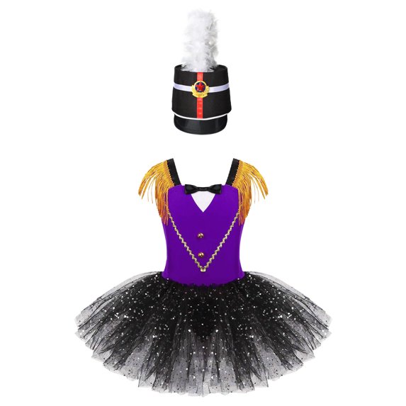 TiaoBug Kids Girls Ringmaster Circus Uniform Halloween Costume Tulle Tutu Dress with Feather Hat Purple 5