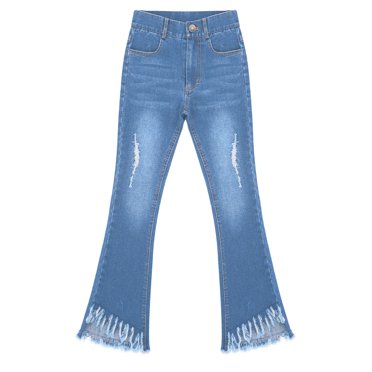 A2Z 4 Kids Girls Mid Blue Stretchy Flared Bell Bottom Ripped Jegging Jeans