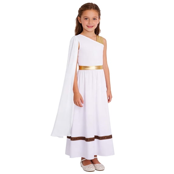 TiaoBug Kids Girls Roman Toga Dress One Shoulder Metallic Tunics Overlay Chiffon Shawls Maxi Gowns for Themed Parties White 14