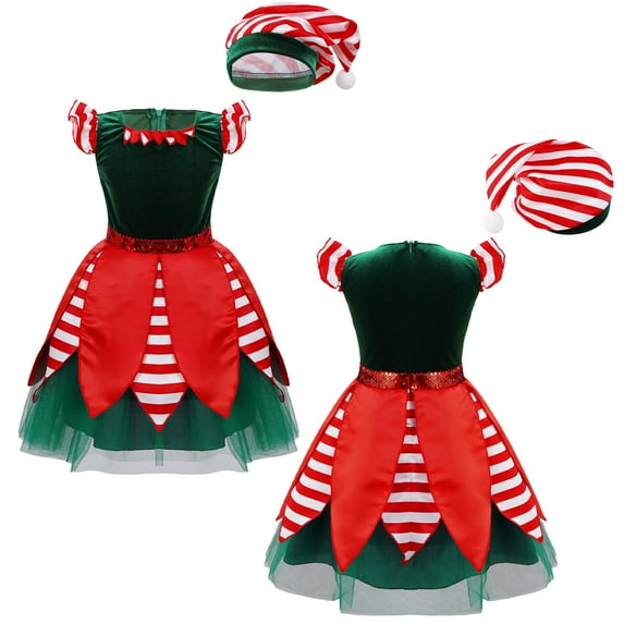 TiaoBug Kids Girls Santa Claus Costume Christmas Dress Sequins Striped Princess Tutu