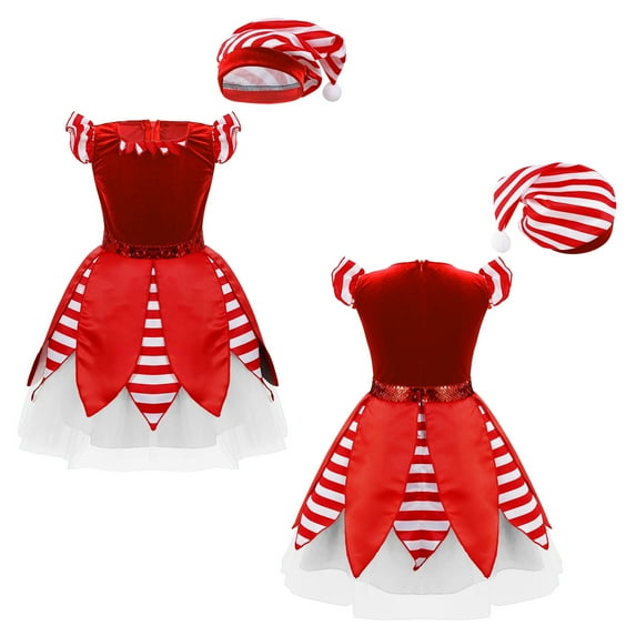 TiaoBug Kids Girls Santa Claus Costume Christmas Dress Sequins Striped Princess Tutu
