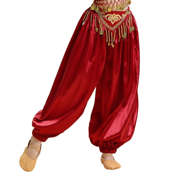 TiaoBug Kids Girls Satin Belly Dance Bloomers Elastic Waistband Harem Pants B Burgundy 11-12