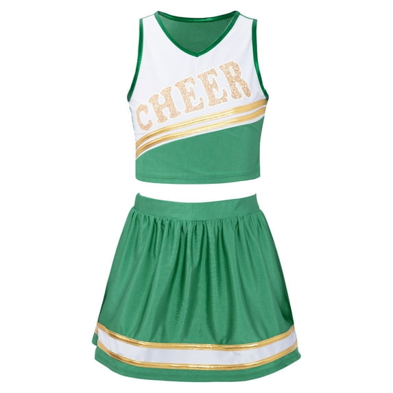 TiaoBug Kids Girls School Cheerleading Uniform Athletic Gymnastic Dancewear Sequins Printed Crop Top with Mini Skirt Sets Green 14