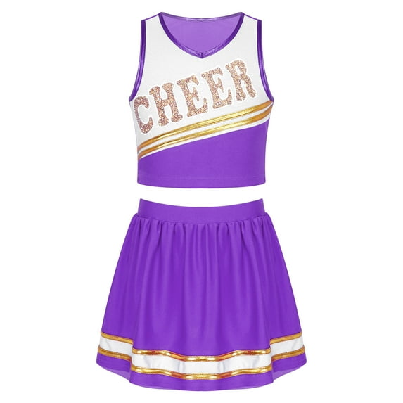 TiaoBug Kids Girls School Cheerleading Uniform Athletic Gymnastic Dancewear Sequins Printed Crop Top with Mini Skirt Sets Purple 12