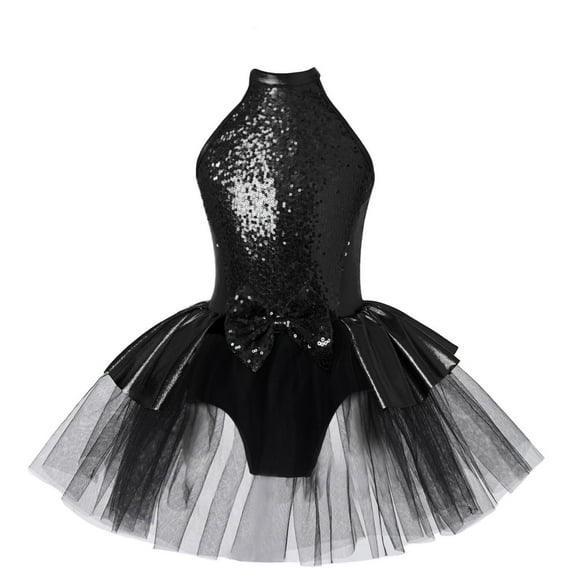 TiaoBug Kids Girls Sequin Ballet Tutu Dress Sleeveless Halter Neck Dance Leotard Tulle Dress Black 6
