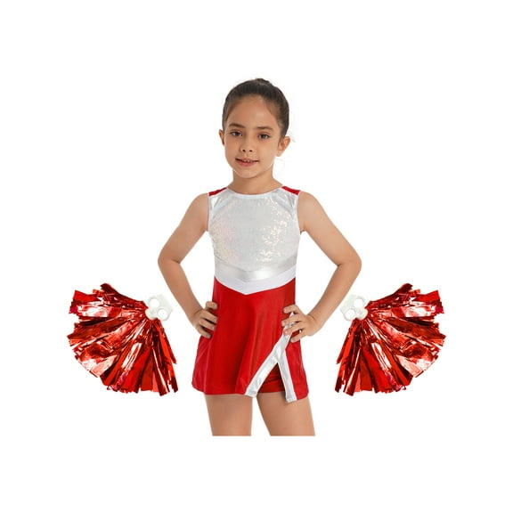 TiaoBug Kids Girls Sequin Cheerleading Costume Dress Shorts Pom Poms Cheer Leader Uniform