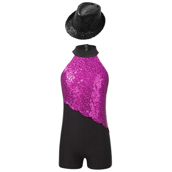 TiaoBug Kids Girls Sequin Jazz Dance Outfit Sleeveless Short Biketard Gymnastics Leotard with Sequin Hat Hot Pink&Black 14