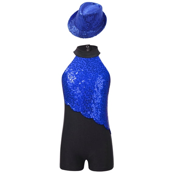 TiaoBug Kids Girls Sequin Jazz Dance Outfit Sleeveless Short Biketard Gymnastics Leotard with Sequin Hat Royal Blue 4