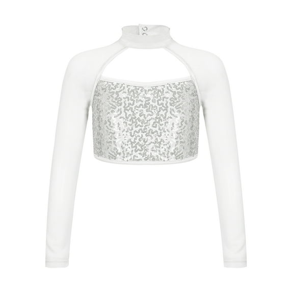 TiaoBug Kids Girls Sequins Jazz Dance Crop Top Long Sleeve Gymnastics Hip Hop Hollow Out Shirt Silver 10