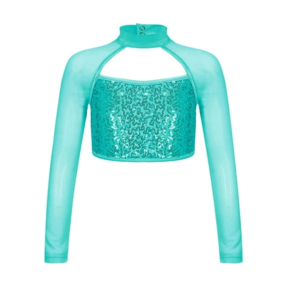 TiaoBug Kids Girls Sequins Jazz Dance Crop Top Long Sleeve Gymnastics Hip Hop Hollow Out Shirt Lake Blue 8