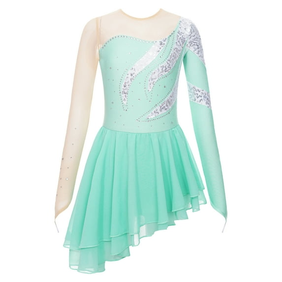 TiaoBug Kids Girls Sequin Mesh Spliced Ballet Figure Ice Skating Leotard Dress Light Green 14