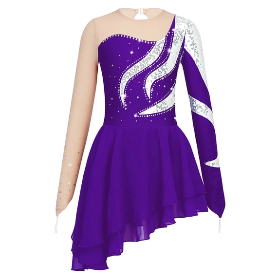 TiaoBug Kids Girls Sequin Mesh Spliced Ballet Figure Ice Skating Leotard Dress Purple 14