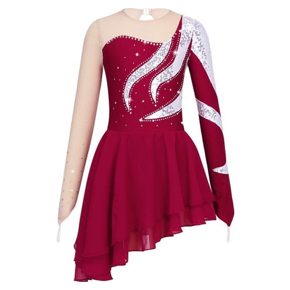 TiaoBug Kids Girls Sequin Mesh Spliced Ballet Figure Ice Skating Leotard Dress