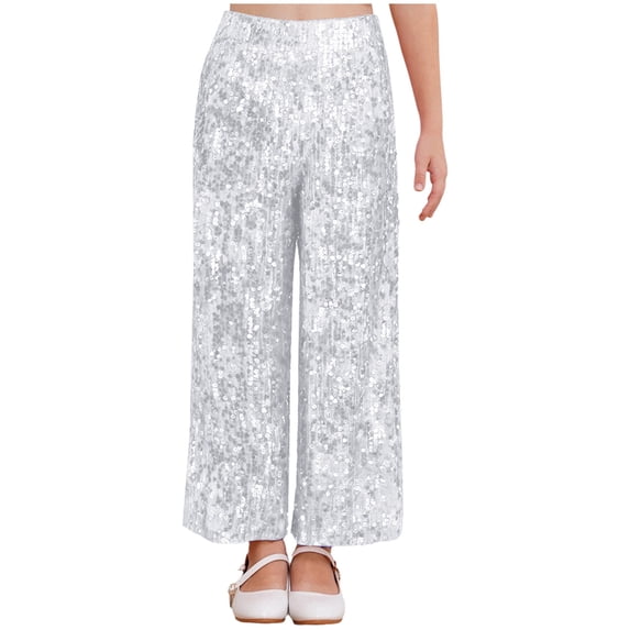 TiaoBug Kids Girls Sequin Pants Sparkly Wide Leg Trousers Hip Hop Jazz Dance Disco Party Rave Outfits Silver 12