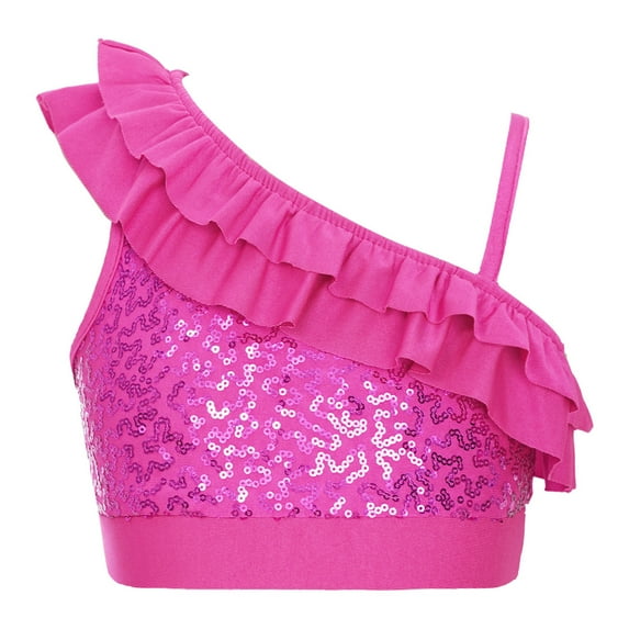 TiaoBug Kids Girls Sequin Ruffled Crop Top Modern Jazz One Shoulder Cami Tank Hot Pink 10