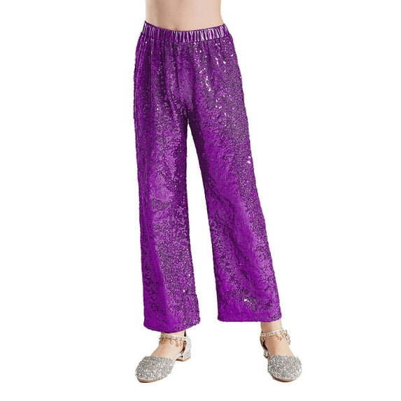 TiaoBug Kids Girls Sequin Sparkle Trousers Elastic Waistband Hip Hop Jazz Dance Straight Leg Pants Purple 6