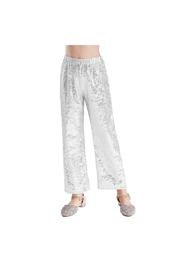 Kids Girls Sequin Sparkle Trousers Elastic Waistband Hip Hop Jazz Dance Straight Leg Pants Silver 8