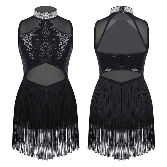 TiaoBug Kids Girls Sequin Tassel Latin Dance Dress Samba Jazz Tap Salsa Costume