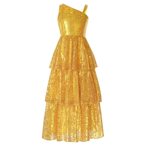 TiaoBug Kids Girls Sequined Tiered Princess Birthday Party Gown Sleeveless Ruffled Wedding Bridesmaid Dress Gold 14