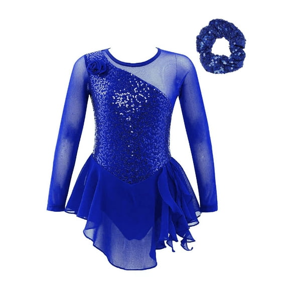 TiaoBug Kids Girls Sequins Ballet Dance Dress And Headwear Set Long Sleeve Figure Skating Dress Performance Costume Royal Blue 10