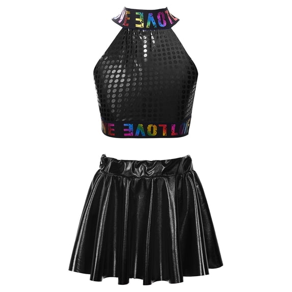 TiaoBug Kids Girls Sequins Ballet Dance Dress Hip Hop Jazz Dance Crop Top with Mini Skirt Latin Salsa Black M