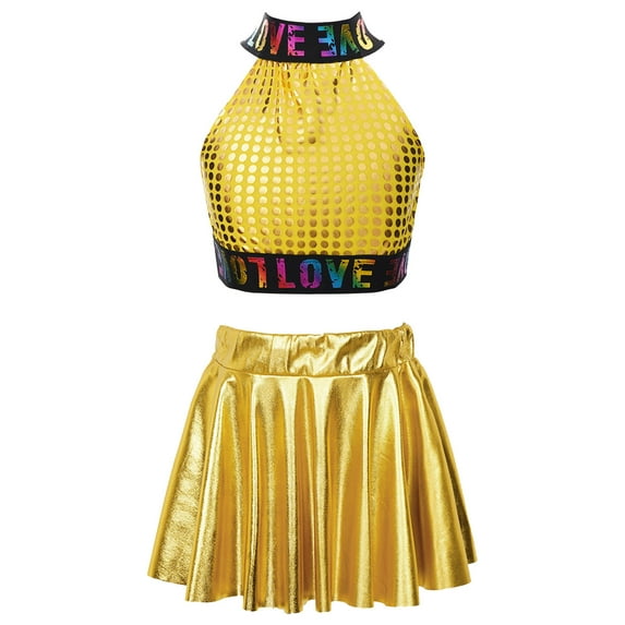TiaoBug Kids Girls Sequins Ballet Dance Dress Hip Hop Jazz Dance Crop Top with Mini Skirt Latin Salsa Gold M