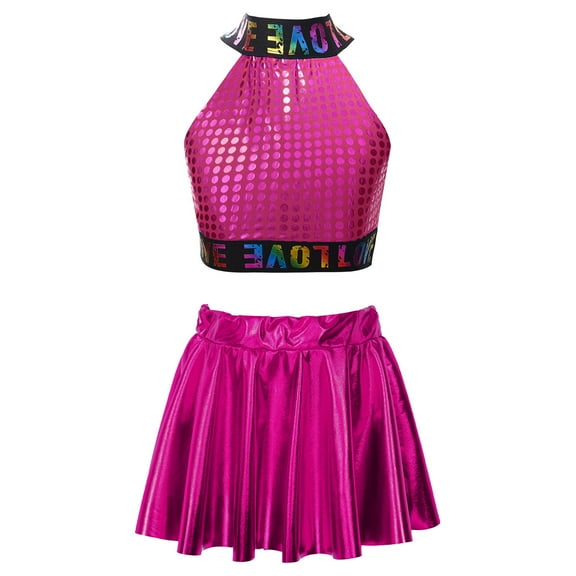 TiaoBug Kids Girls Sequins Ballet Dance Dress Hip Hop Jazz Dance Crop Top with Mini Skirt Latin Salsa Hot Pink XL