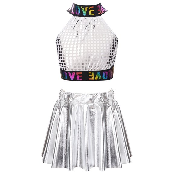 TiaoBug Kids Girls Sequins Ballet Dance Dress Hip Hop Jazz Dance Crop Top with Mini Skirt Latin Salsa Silver XL