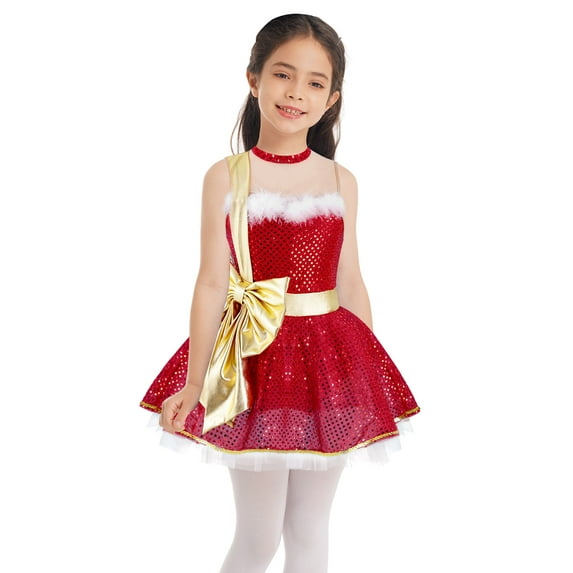 TiaoBug Kids Girls Sequins Ballet Tutu Dance Dress Santa Claus Christmas Costume 4-16 A Red 10