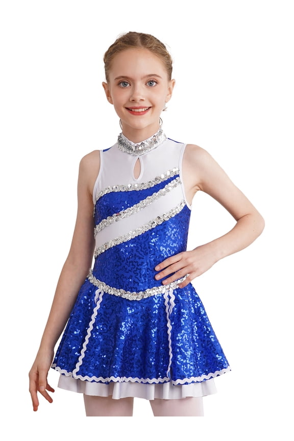 Kids Girls Sequins Cheer Leader Uniform Costume Sleeveless Cheerleading Gymnastic Dance Dress Royal Blue 6