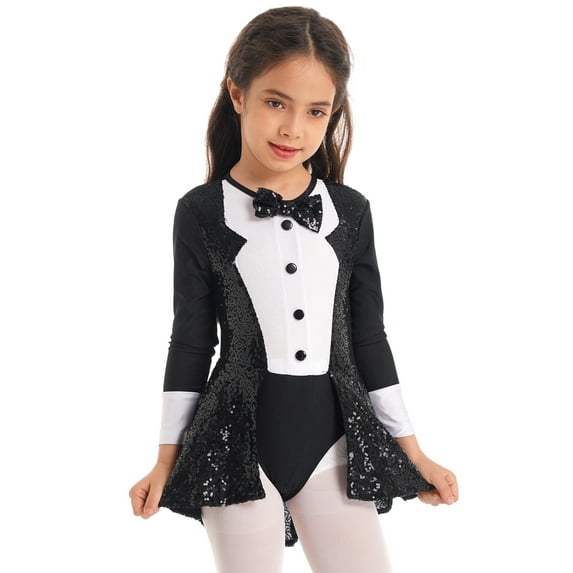 TiaoBug Kids Girls Sequins Circus Ringmaster Tuxedos Ballet Latin Dance Leotard Jazz Performance Dance Costume Black 10