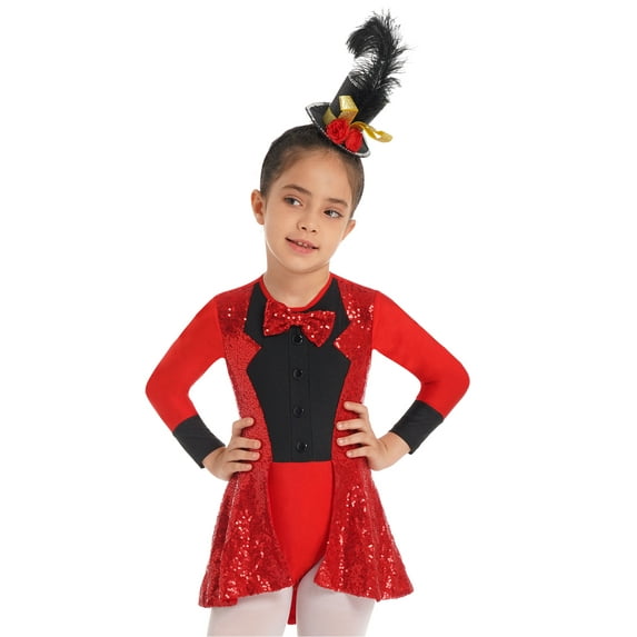 TiaoBug Kids Girls Sequins Circus Ringmaster Tuxedos Ballet Latin Dance Leotard Jazz Performance Dance Costume Red 14