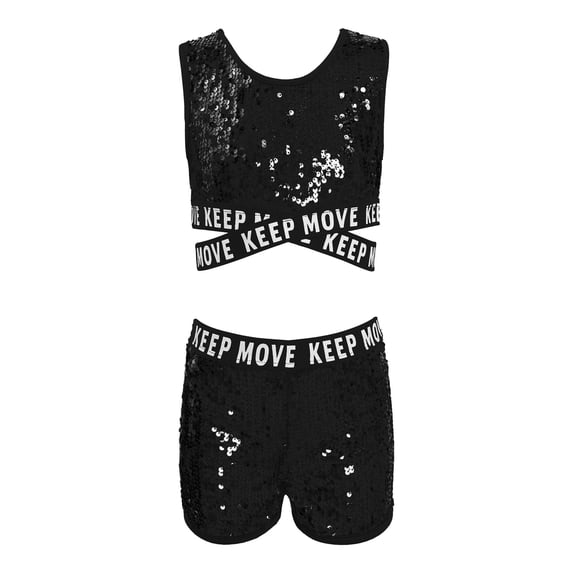 TiaoBug Kids Girls Sequins Dance Athletic Outfit Sleeveless Tank Jazz Crop Top with Shorts Set Black 14