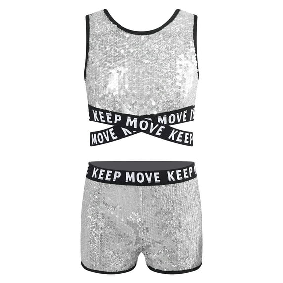 TiaoBug Kids Girls Sequins Dance Athletic Outfit Sleeveless Tank Jazz Crop Top with Shorts Set Silver 8