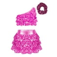 thumbnail image 1 of TiaoBug Kids Girls Sequins Dance Outfits Single Shoulder Crop Top Metallic Layered Skirt with Headwear set Hot Pink 14, 1 of 7