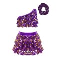 thumbnail image 1 of TiaoBug Kids Girls Sequins Dance Outfits Single Shoulder Crop Top Metallic Layered Skirt with Headwear set Purple 16, 1 of 7