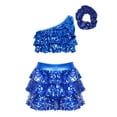 thumbnail image 1 of TiaoBug Kids Girls Sequins Dance Outfits Single Shoulder Crop Top Metallic Layered Skirt with Headwear set Royal Blue 12, 1 of 7