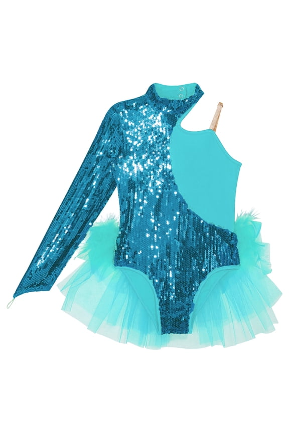 Kids Girls Sequins Feather Tulle Skirted Leotard Ballet Jazz Latin Dance Performance Costume Blue Green 6