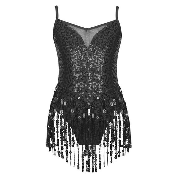 TiaoBug Kids Girls Sequins Fringed Latin Dance Leotard Gymnastic Tassel Dress Jazz Dancewear Black 6