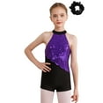 thumbnail image 1 of TiaoBug Kids Girls Sequins Halter Leotard Hip Hop Jazz Latin Dance Jumpsuit Unitard with Scrunchies Set Purple&Black 4, 1 of 7