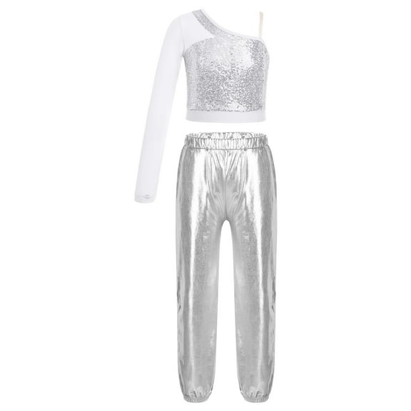 TiaoBug Kids Girls Sequins Hip Hop Jazz Ballet Dance Outfits One Shoulder Long Sleeve Crop Top with Metallic Pants Set Silver 8