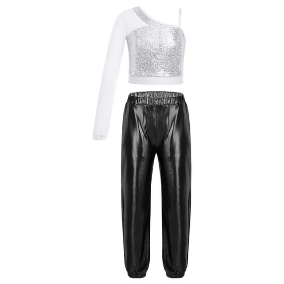 TiaoBug Kids Girls Sequins Hip Hop Jazz Ballet Dance Outfits One Shoulder Long Sleeve Crop Top with Metallic Pants Set Silver&Black 6