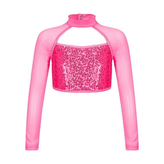 TiaoBug Kids Girls Sequins Jazz Dance Crop Top Long Sleeve Gymnastics Hip Hop Hollow Out Shirt Hot Pink 14
