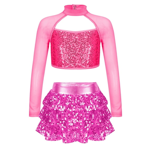 TiaoBug Kids Girls Sequins Jazz Hip Hop Dance Outfits Long Sleeve Cutout Crop Top Tutu Skirts Modern Dancewear Hot Pink 12