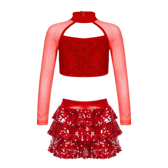 TiaoBug Kids Girls Sequins Jazz Hip Hop Dance Outfits Long Sleeve Cutout Crop Top Tutu Skirts Modern Dancewear Red 10