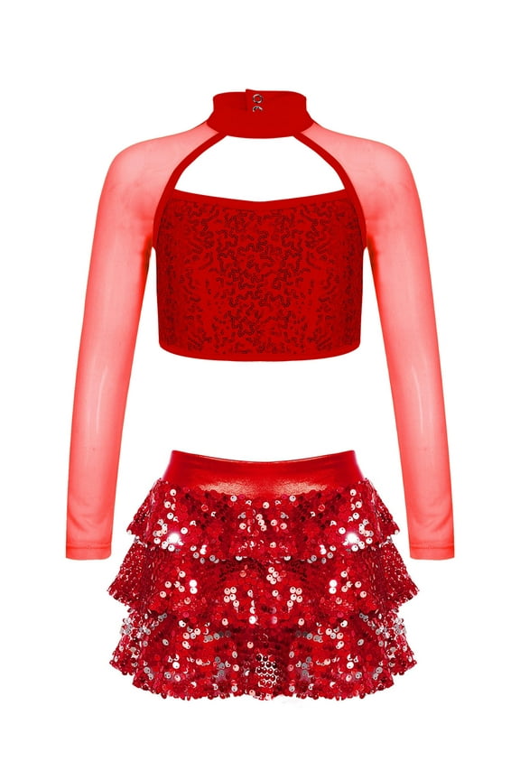 Kids Girls Sequins Jazz Hip Hop Dance Outfits Long Sleeve Cutout Crop Top Tutu Skirts Modern Dancewear Red 8