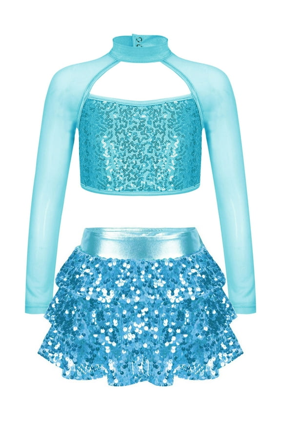 Kids Girls Sequins Jazz Hip Hop Dance Outfits Long Sleeve Cutout Crop Top Tutu Skirts Modern Performance Dancewear Lake Blue 12
